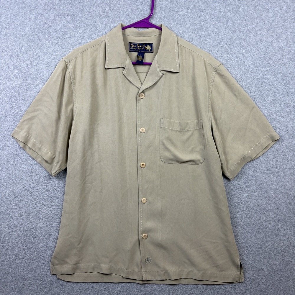 Nat Nast Shirt Mens Small Tan Silk Short Sleeve Camp Loop Collar Button Up